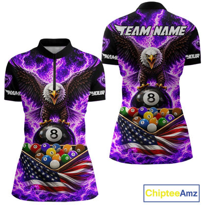 Purple Fire Flame Eagle US Flag Pool Ball 3D Billiard Shirt For Women Personalized 8 Ball Billiard Attire NYN4979