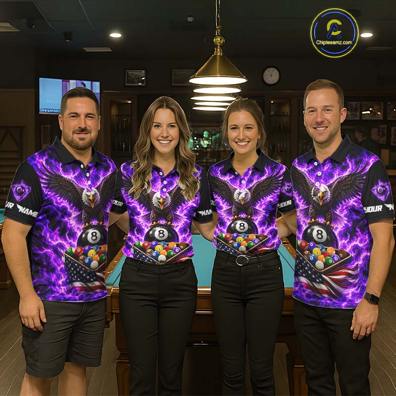 Purple Fire Flame Eagle US Flag Pool Ball 3D Billiard Shirt For Women Personalized 8 Ball Billiard Attire NYN4979