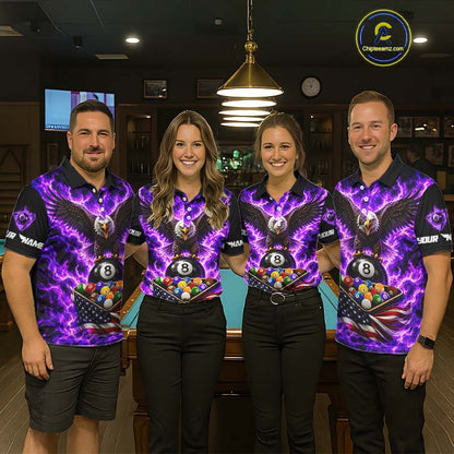 Purple Fire Flame Eagle US Flag Pool Ball 3D Billiard Shirt For Women Personalized 8 Ball Billiard Attire NYN4979