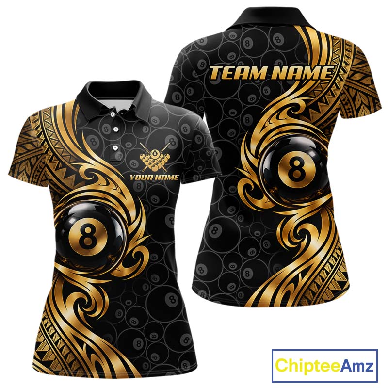 Custom Gold Tribal Swirl 8 Ball Pool Polo Shirt For Women Personalized Billiards Jersey Billiard Gift NYN4985