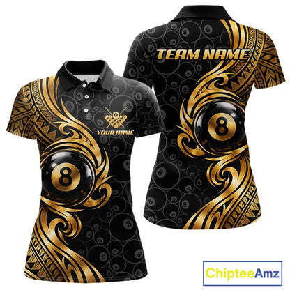 Custom Gold Tribal Swirl 8 Ball Pool Polo Shirt For Women Personalized Billiards Jersey Billiard Gift NYN4985