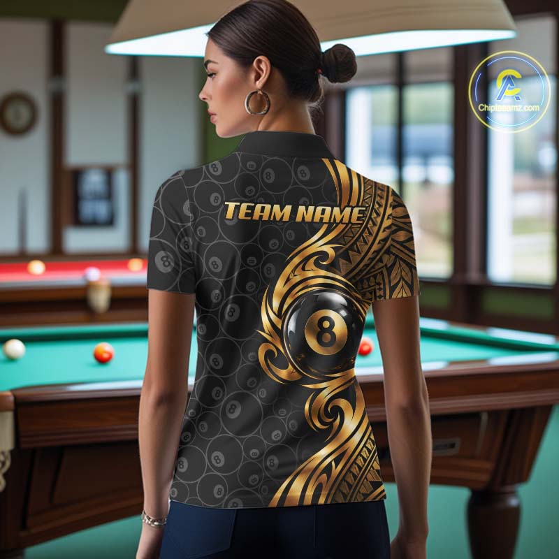 Custom Gold Tribal Swirl 8 Ball Pool Polo Shirt For Women Personalized Billiards Jersey Billiard Gift NYN4985