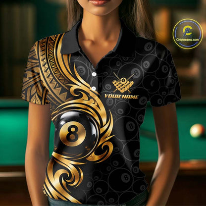 Custom Gold Tribal Swirl 8 Ball Pool Polo Shirt For Women Personalized Billiards Jersey Billiard Gift NYN4985