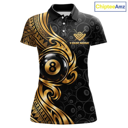 Custom Gold Tribal Swirl 8 Ball Pool Polo Shirt For Women Personalized Billiards Jersey Billiard Gift NYN4985