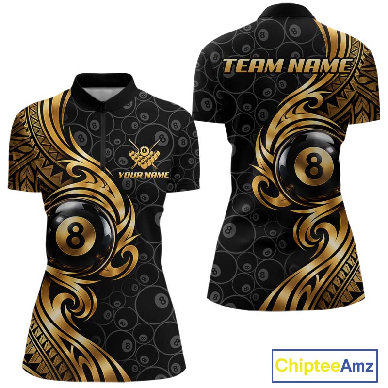Custom Gold Tribal Swirl 8 Ball Pool Polo Shirt For Women Personalized Billiards Jersey Billiard Gift NYN4985