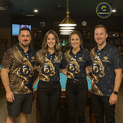 Custom Gold Tribal Swirl 8 Ball Pool Polo Shirt For Women Personalized Billiards Jersey Billiard Gift NYN4985
