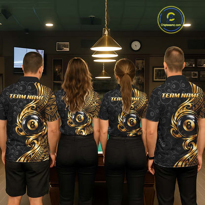 Custom Gold Tribal Swirl 8 Ball Pool Polo Shirt For Women Personalized Billiards Jersey Billiard Gift NYN4985
