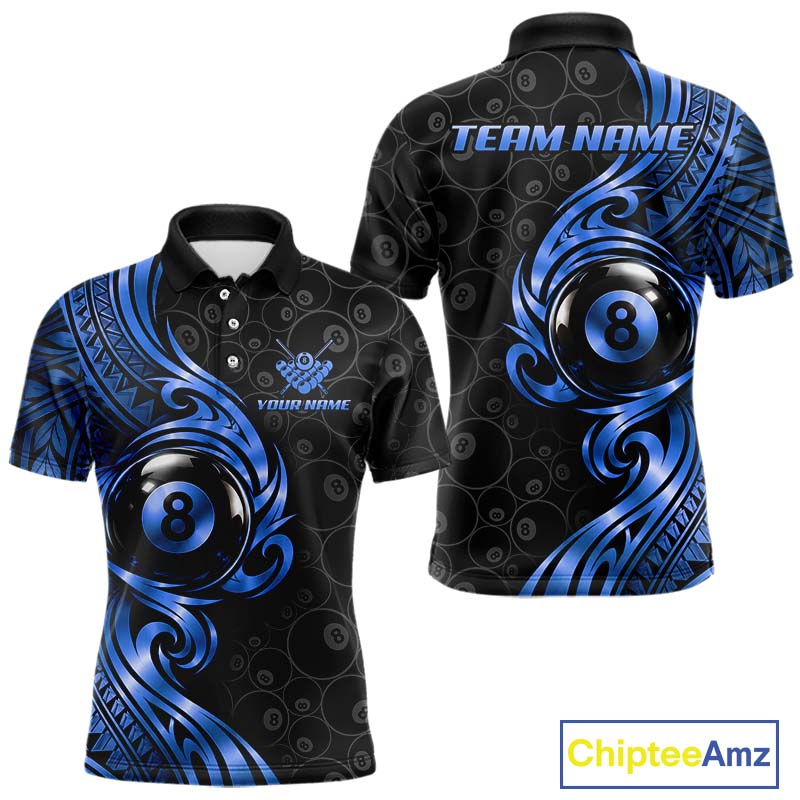 Custom Blue Tribal Swirl 8 Ball Pool Polo Shirt For Men Personalized Billiards Jersey Billiard Gift NYN4986