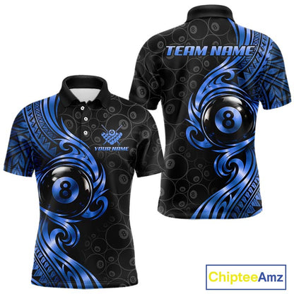 Custom Blue Tribal Swirl 8 Ball Pool Polo Shirt For Men Personalized Billiards Jersey Billiard Gift NYN4986