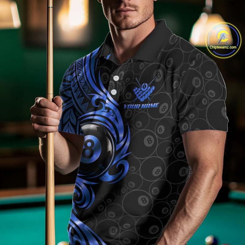 Custom Blue Tribal Swirl 8 Ball Pool Polo Shirt For Men Personalized Billiards Jersey Billiard Gift NYN4986
