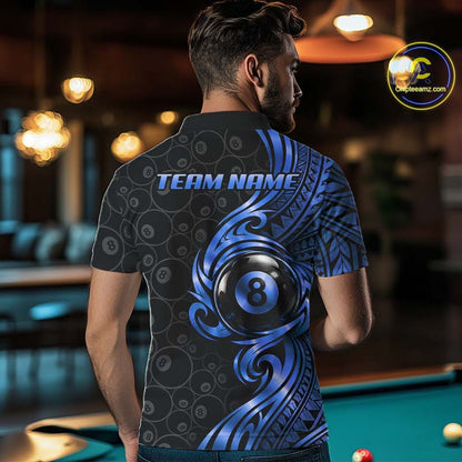 Custom Blue Tribal Swirl 8 Ball Pool Polo Shirt For Men Personalized Billiards Jersey Billiard Gift NYN4986