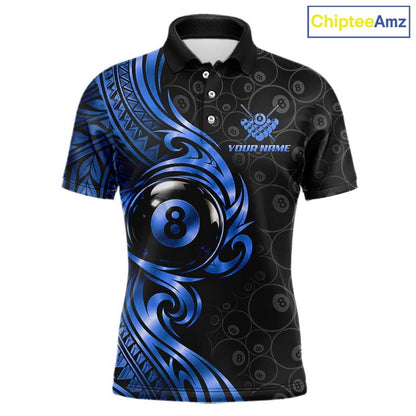 Custom Blue Tribal Swirl 8 Ball Pool Polo Shirt For Men Personalized Billiards Jersey Billiard Gift NYN4986