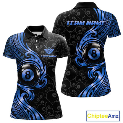 Custom Blue Tribal Swirl 8 Ball Pool Polo Shirt For Women Personalized Billiards Jersey Billiard Gift NYN4986