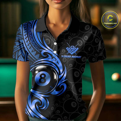 Custom Blue Tribal Swirl 8 Ball Pool Polo Shirt For Women Personalized Billiards Jersey Billiard Gift NYN4986