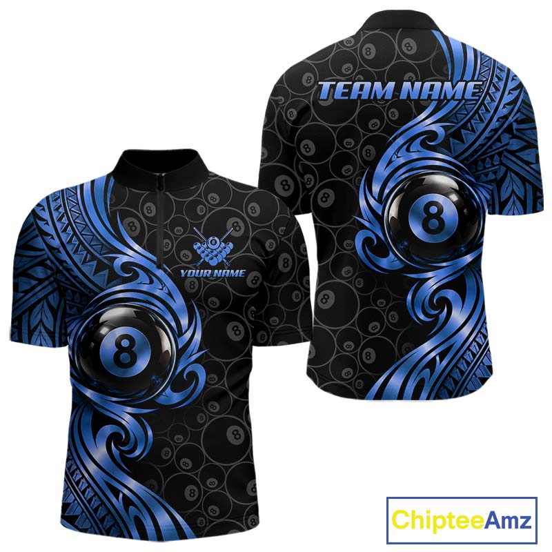 Custom Blue Tribal Swirl 8 Ball Pool Polo Shirt For Men Personalized Billiards Jersey Billiard Gift NYN4986