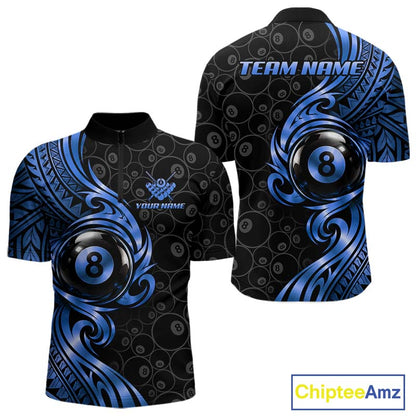 Custom Blue Tribal Swirl 8 Ball Pool Polo Shirt For Men Personalized Billiards Jersey Billiard Gift NYN4986