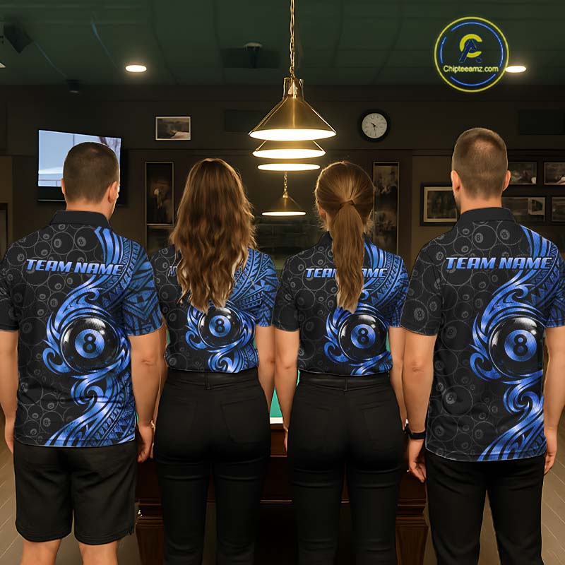 Custom Blue Tribal Swirl 8 Ball Pool Polo Shirt For Men Personalized Billiards Jersey Billiard Gift NYN4986