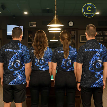 Custom Blue Tribal Swirl 8 Ball Pool Polo Shirt For Men Personalized Billiards Jersey Billiard Gift NYN4986