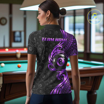 Custom Purple Tribal Swirl 8 Ball Pool Polo Shirt For Women Personalized Billiards Jersey Billiard Gift NYN4987