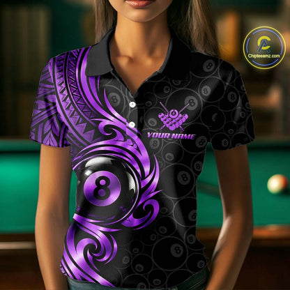 Custom Purple Tribal Swirl 8 Ball Pool Polo Shirt For Women Personalized Billiards Jersey Billiard Gift NYN4987