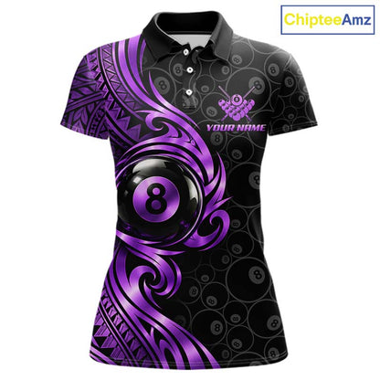 Custom Purple Tribal Swirl 8 Ball Pool Polo Shirt For Women Personalized Billiards Jersey Billiard Gift NYN4987