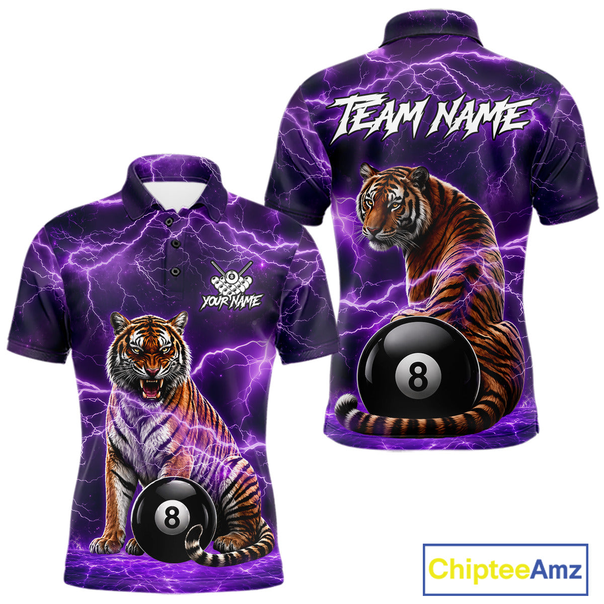 Thunder Purple Funny Tiger 8 Ball Billiard Pool Shirt For Men Custom Billiard Team Attire NYN3140