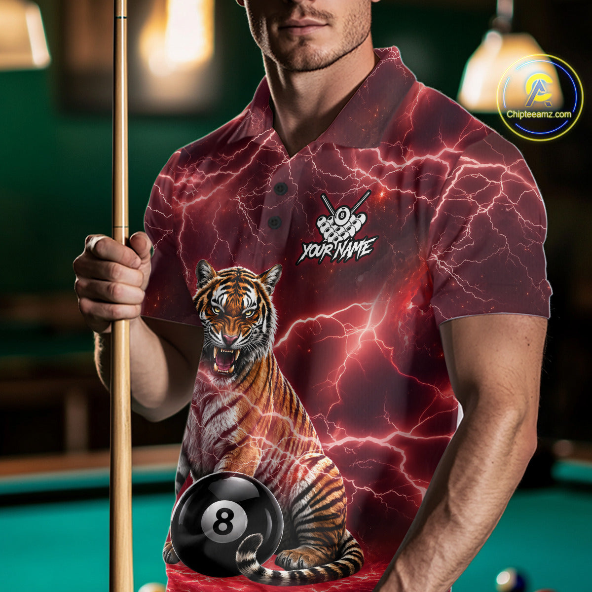 Thunder Red Funny Tiger 8 Ball Billiard Pool Shirt For Men Custom Billiard Team Attire NYN3141