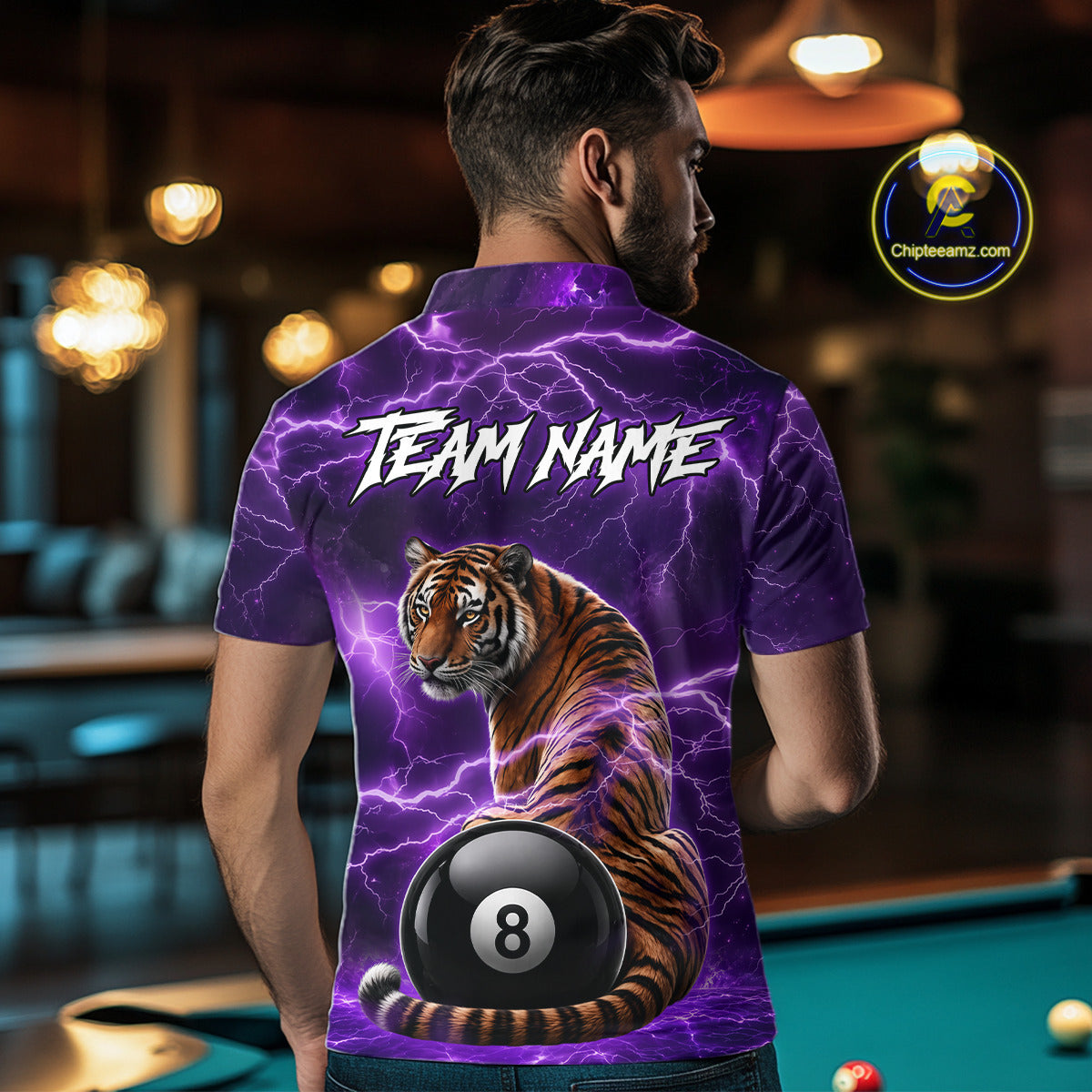 Thunder Purple Funny Tiger 8 Ball Billiard Pool Shirt For Men Custom Billiard Team Attire NYN3140