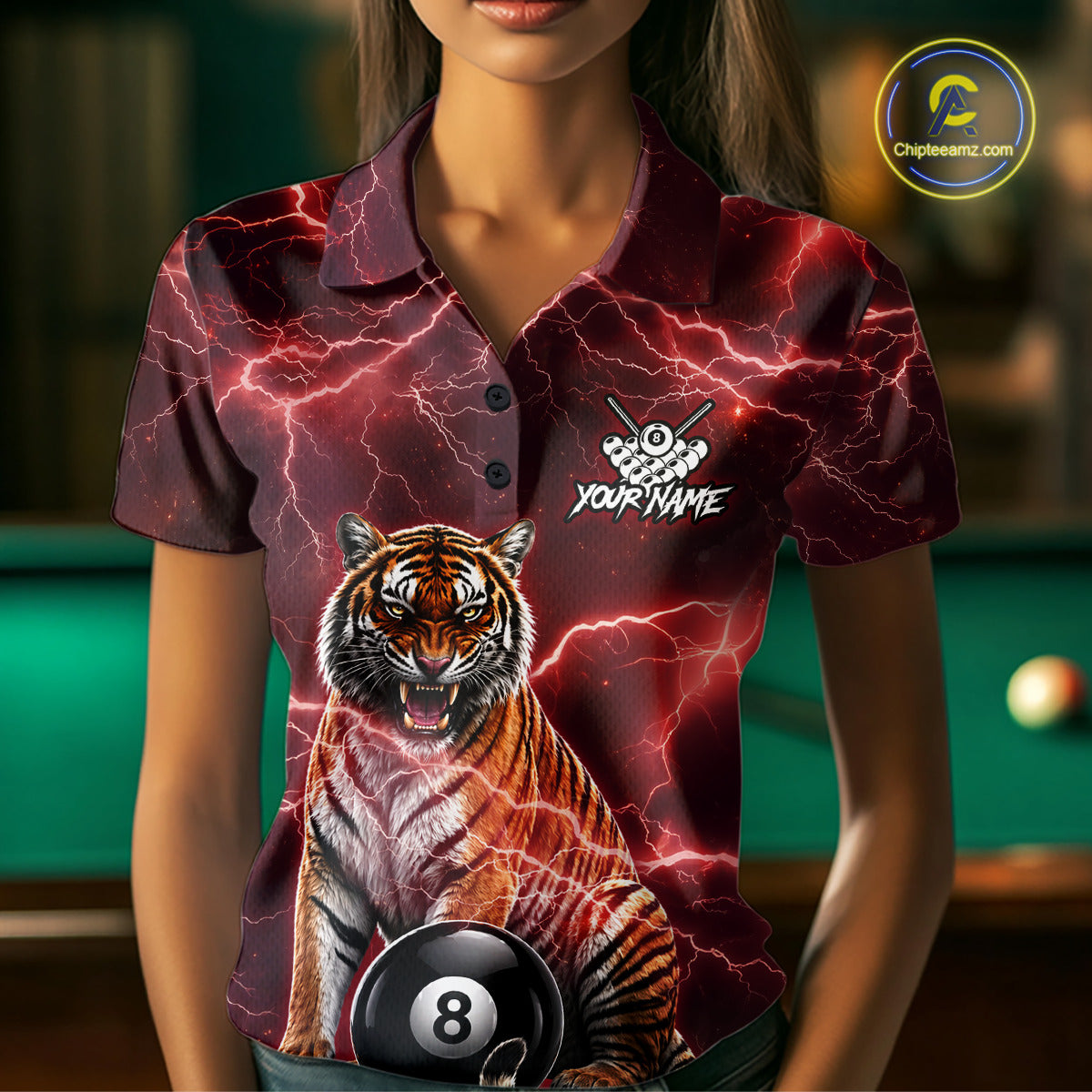 Thunder Red Funny Tiger 8 Ball Billiard Pool Shirt For Women Custom Billiard Team Attire NYN3141