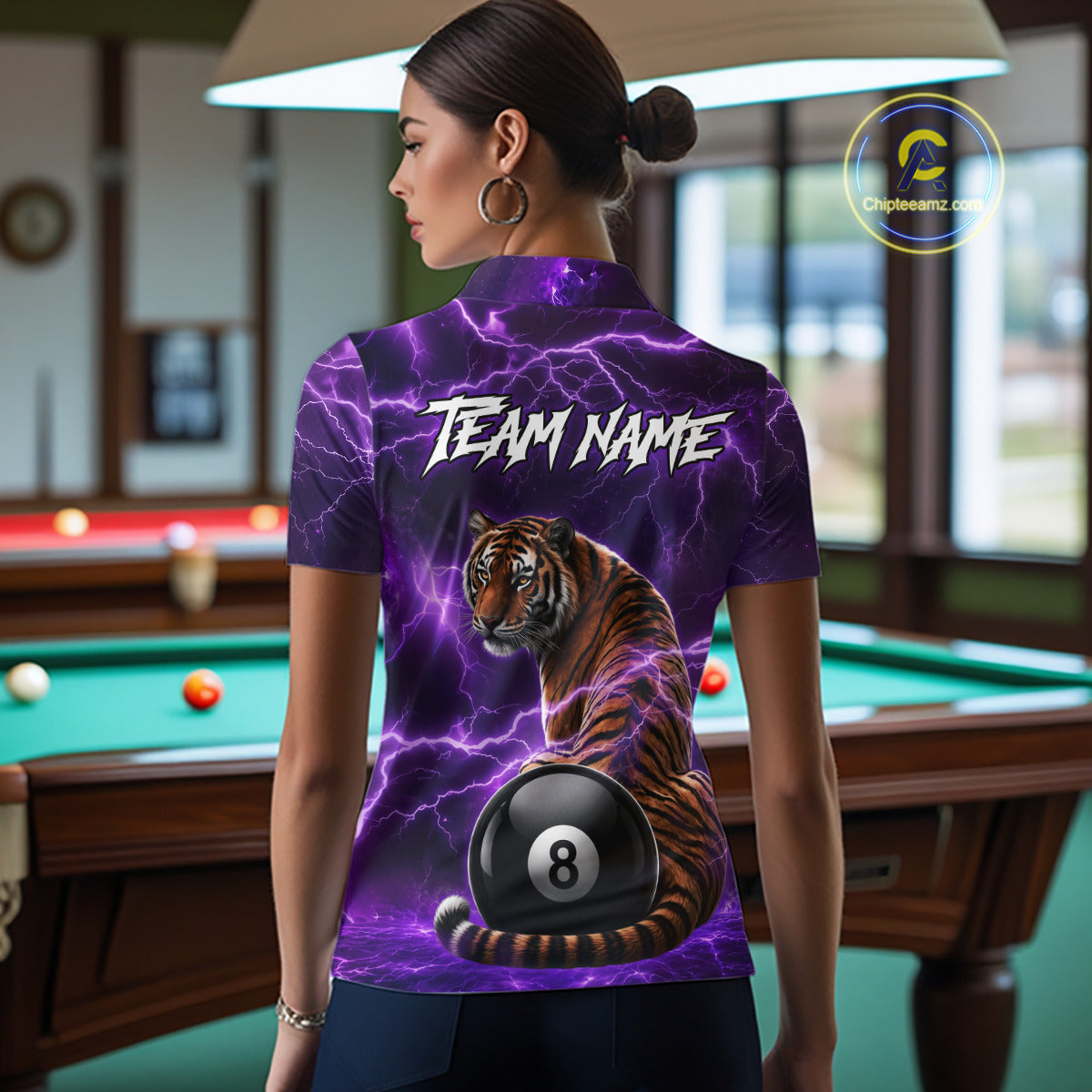 Thunder Purple Funny Tiger 8 Ball Billiard Pool Shirt For Women Custom Billiard Team Attire NYN3140