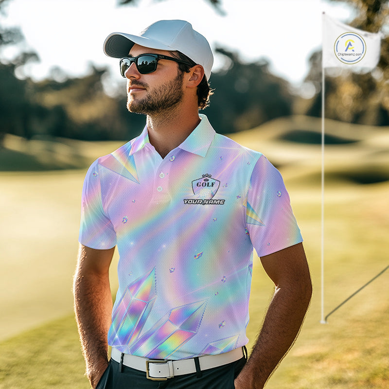 Mens Golf Polo Shirt Custom Holographic Diamond Crystal Golf Ball Custom Name Golf Shirts For Team NYN4226