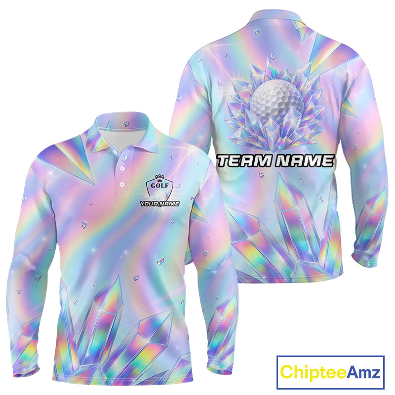 Mens Golf Polo Shirt Custom Holographic Diamond Crystal Golf Ball Custom Name Golf Shirts For Team NYN4226