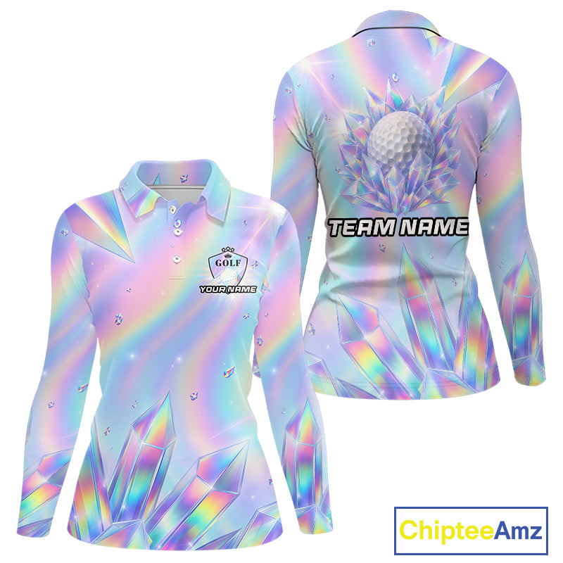 Womens Golf Polo Shirt Custom Holographic Diamond Crystal Golf Ball Custom Name Golf Shirts For Team NYN4226