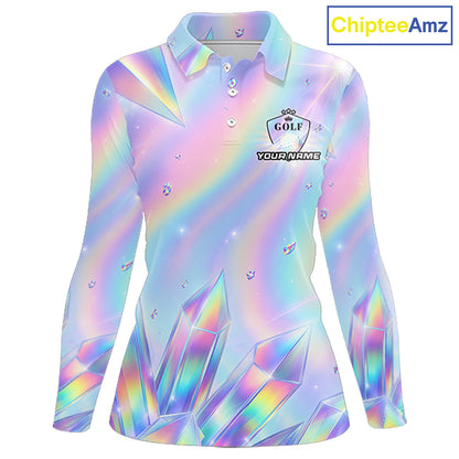 Womens Golf Polo Shirt Custom Holographic Diamond Crystal Golf Ball Custom Name Golf Shirts For Team NYN4226