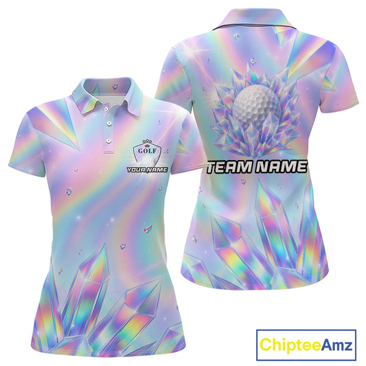 Womens Golf Polo Shirt Custom Holographic Diamond Crystal Golf Ball Custom Name Golf Shirts For Team NYN4226