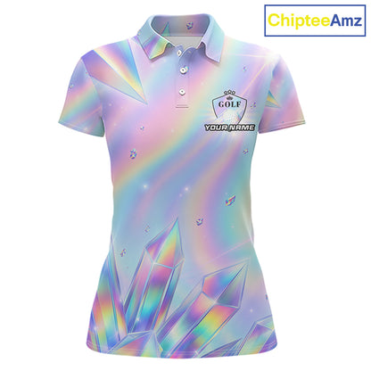 Womens Golf Polo Shirt Custom Holographic Diamond Crystal Golf Ball Custom Name Golf Shirts For Team NYN4226