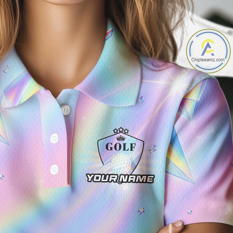 Womens Golf Polo Shirt Custom Holographic Diamond Crystal Golf Ball Custom Name Golf Shirts For Team NYN4226