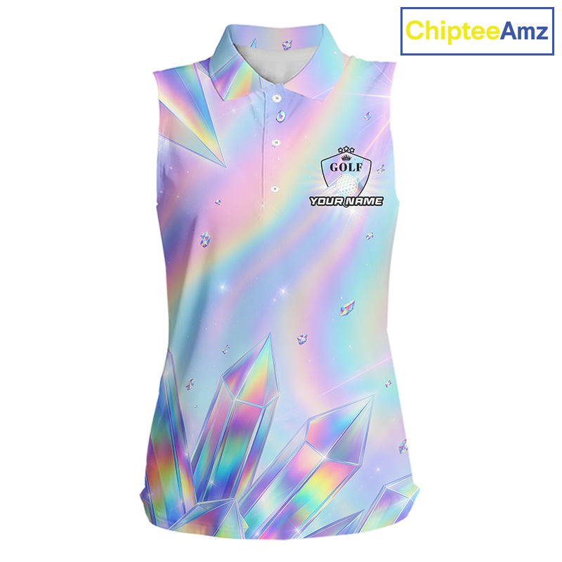 Womens Golf Sleeveless Polo Shirt Custom Holographic Diamond Crystal Golf Ball Custom Name Golf Shirts For Team NYN4226
