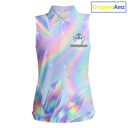 Womens Golf Sleeveless Polo Shirt Custom Holographic Diamond Crystal Golf Ball Custom Name Golf Shirts For Team NYN4226