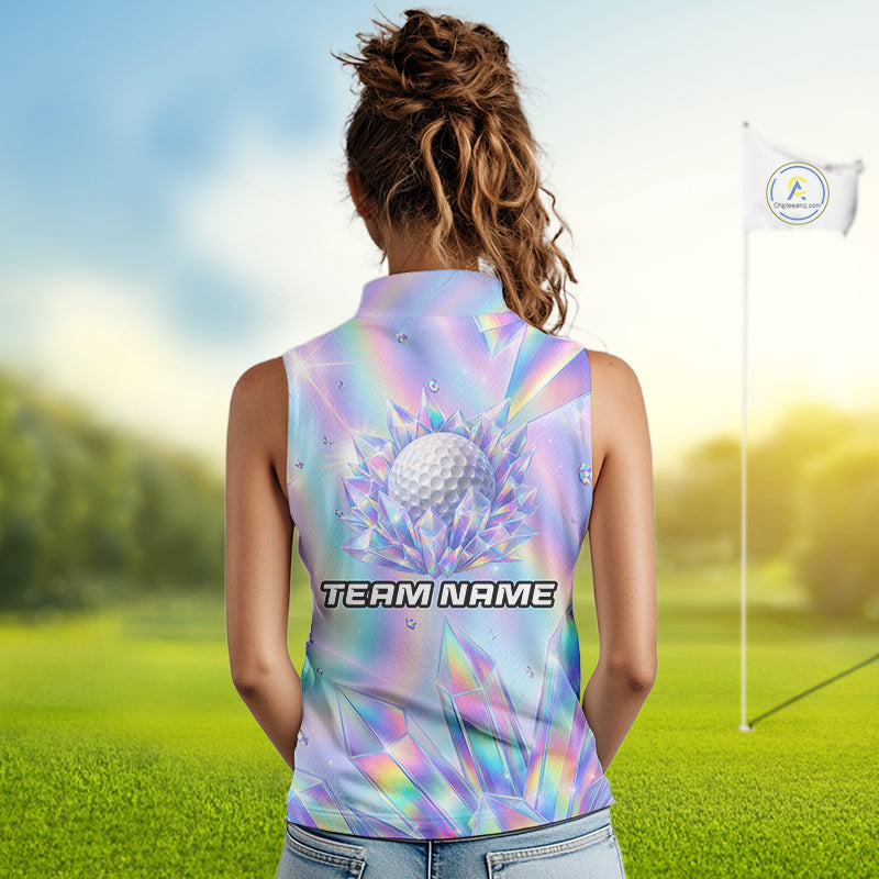 Womens Golf Sleeveless Polo Shirt Custom Holographic Diamond Crystal Golf Ball Custom Name Golf Shirts For Team NYN4226