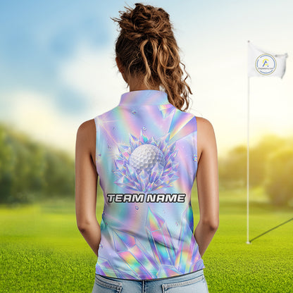 Womens Golf Sleeveless Polo Shirt Custom Holographic Diamond Crystal Golf Ball Custom Name Golf Shirts For Team NYN4226
