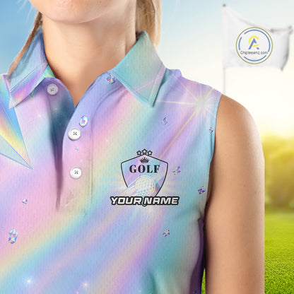 Womens Golf Sleeveless Polo Shirt Custom Holographic Diamond Crystal Golf Ball Custom Name Golf Shirts For Team NYN4226