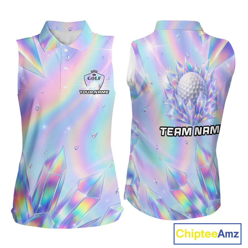 Womens Golf Sleeveless Polo Shirt Custom Holographic Diamond Crystal Golf Ball Custom Name Golf Shirts For Team NYN4226