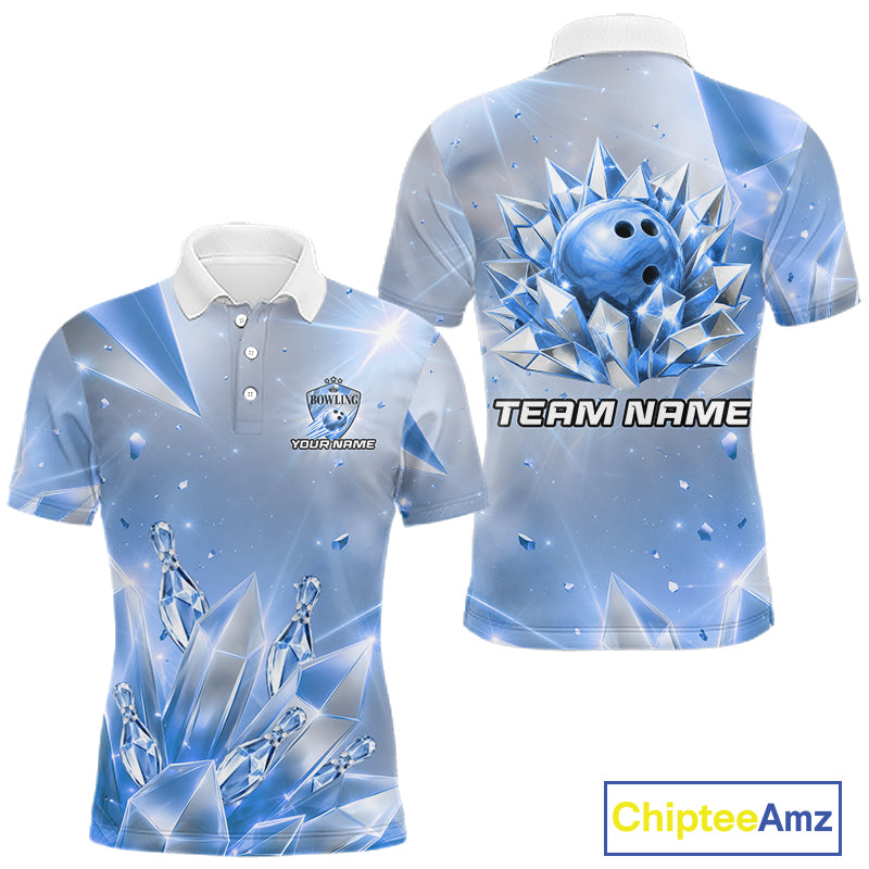 Custom Blue Diamond Crystal Mens Bowling Ball Shirt Custom Name Diamond Bowling Shirts For Team NYN4227