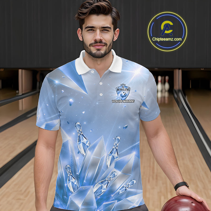 Custom Blue Diamond Crystal Mens Bowling Ball Shirt Custom Name Diamond Bowling Shirts For Team NYN4227
