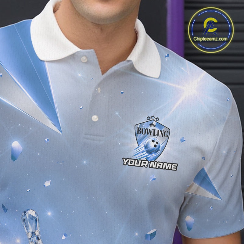 Custom Blue Diamond Crystal Mens Bowling Ball Shirt Custom Name Diamond Bowling Shirts For Team NYN4227