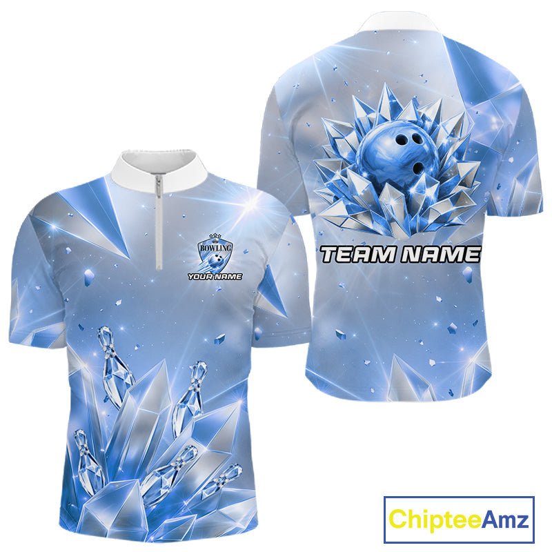Custom Blue Diamond Crystal Mens Bowling Ball Shirt Custom Name Diamond Bowling Shirts For Team NYN4227