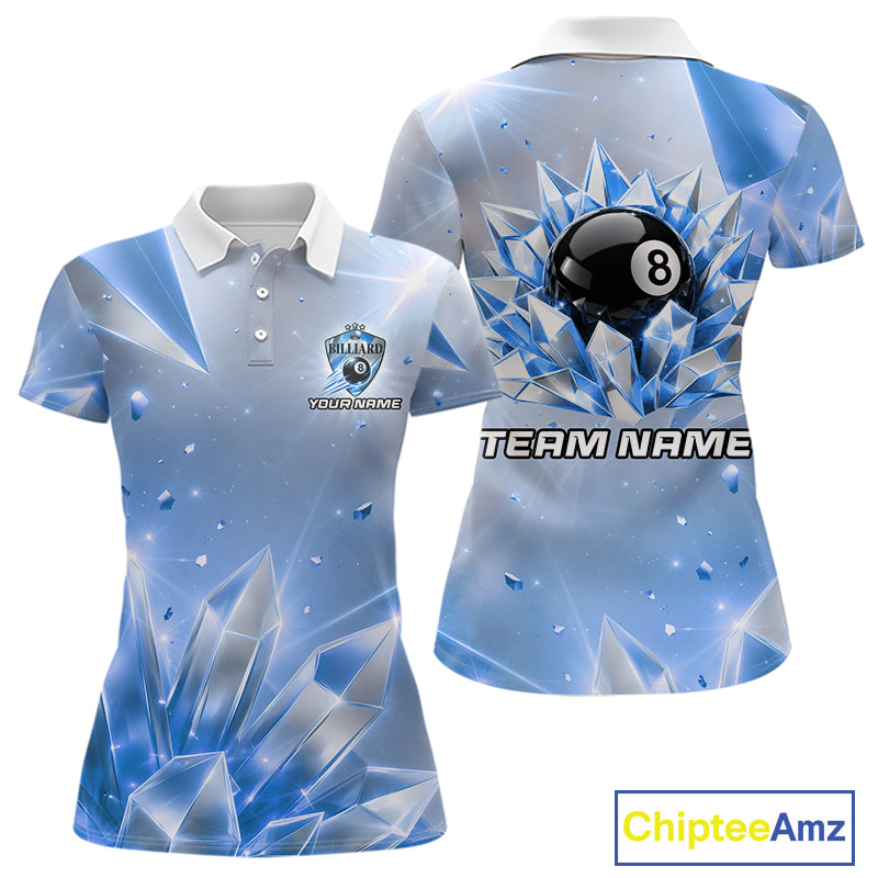 Womens Blue Diamond Crystal 8 Ball Pool Billiard Shirt Custom Name Billiard League Shirt For Team NYN4228