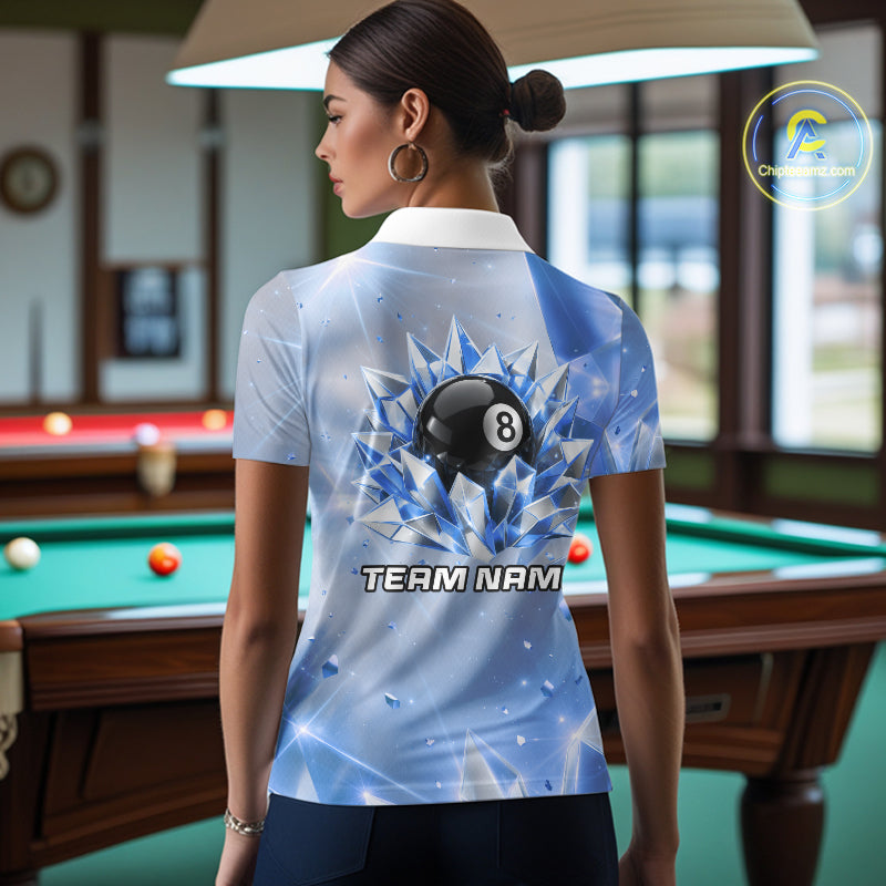 Womens Blue Diamond Crystal 8 Ball Pool Billiard Shirt Custom Name Billiard League Shirt For Team NYN4228