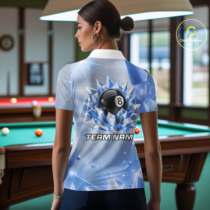 Womens Blue Diamond Crystal 8 Ball Pool Billiard Shirt Custom Name Billiard League Shirt For Team NYN4228